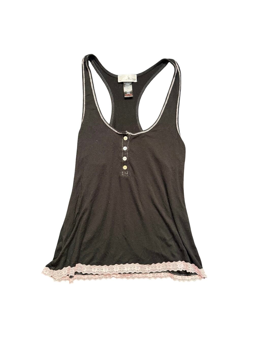 Velvet Kitten Black Pink Lace Trim Henley Racerback Tank Top Large